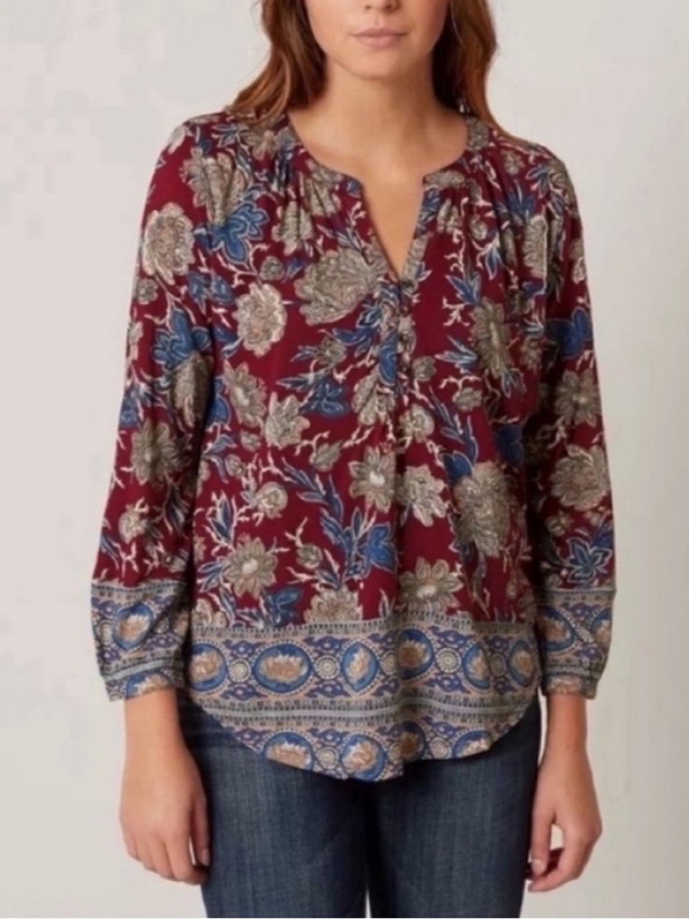 Lucky Brand Blouse Top Womens 2X Plus Red Floral Peasant Romantic Fairy Boho